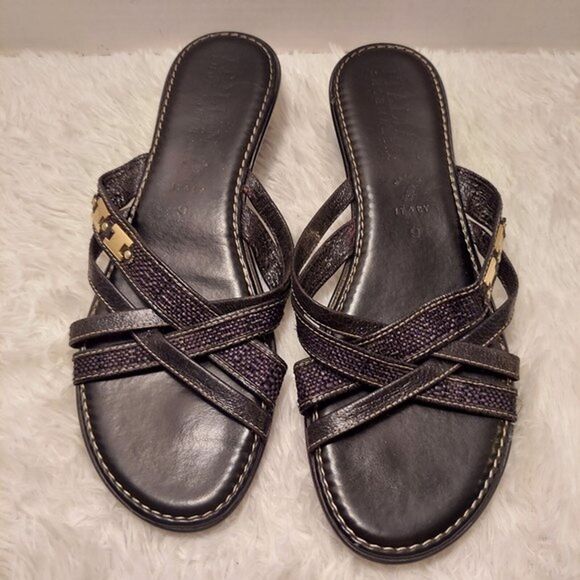 Womens Strappy Sandals Size 9 Made in Italy Black Leather Slip On 1.5" Wedge - Picture 6 of 12